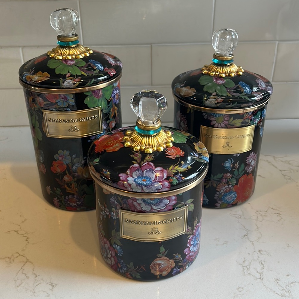 Mackenzie Childs Black Flower Market Canister set